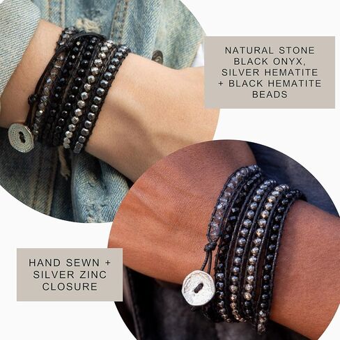 سوار معصم رايلي بوهو ملفوف من حجر العقيق الاسود والفضي + حجر الدم الاسود من سبيريت in Kuwait