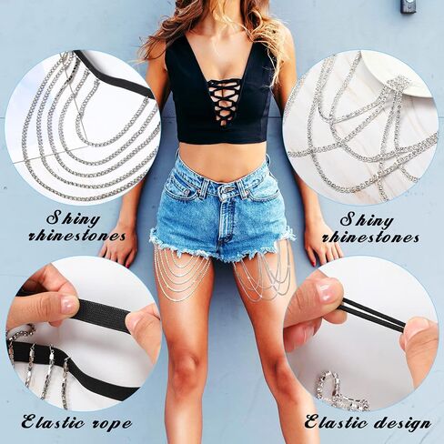4 Pieces Crystal Leg Chains Thigh Chain Jewelry Rhinestone Sliver Thigh Chain Layered Body Chain Beach Body Chains Thigh Jewelry for Women Girls Rave Party in Saudi Arabia