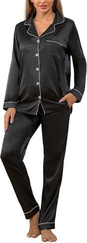 YIMANIE Womens Pajamas Silk Satin Pajama Sets for Women Soft Button Down Womens Loungewear Set with Pockets in Kuwait