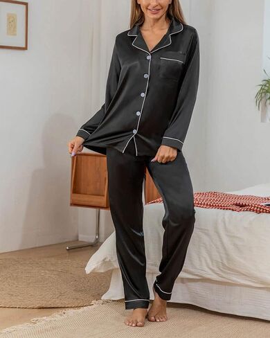 YIMANIE Womens Pajamas Silk Satin Pajama Sets for Women Soft Button Down Womens Loungewear Set with Pockets in Kuwait