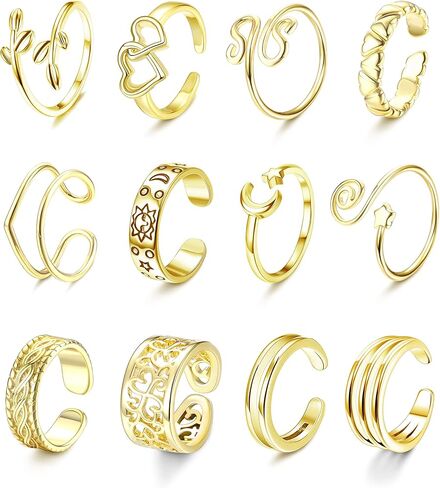 Magitaco 12 قطعة 14K مطلية بالذهب قابل للتعديل خواتم اصبع القدم للنساء الصيف الشاطئ المفتوحة اصبع القدم مجموعة خواتم القلب ورقة المفصل ميدي الذيل الخنصر خواتم بيرفوت هاواي مجوهرات القدم in Kuwait