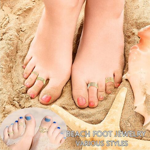 Magitaco 12 قطعة 14K مطلية بالذهب قابل للتعديل خواتم اصبع القدم للنساء الصيف الشاطئ المفتوحة اصبع القدم مجموعة خواتم القلب ورقة المفصل ميدي الذيل الخنصر خواتم بيرفوت هاواي مجوهرات القدم in Kuwait