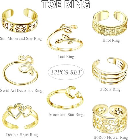 Magitaco 12 قطعة 14K مطلية بالذهب قابل للتعديل خواتم اصبع القدم للنساء الصيف الشاطئ المفتوحة اصبع القدم مجموعة خواتم القلب ورقة المفصل ميدي الذيل الخنصر خواتم بيرفوت هاواي مجوهرات القدم in Kuwait