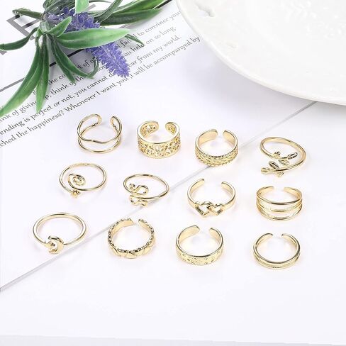 Magitaco 12 قطعة 14K مطلية بالذهب قابل للتعديل خواتم اصبع القدم للنساء الصيف الشاطئ المفتوحة اصبع القدم مجموعة خواتم القلب ورقة المفصل ميدي الذيل الخنصر خواتم بيرفوت هاواي مجوهرات القدم in Kuwait