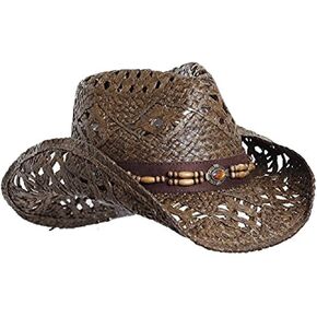 Vamuss Straw Cowboy Hat W/Vegan Leather Band & Beads, Shapeable Brim