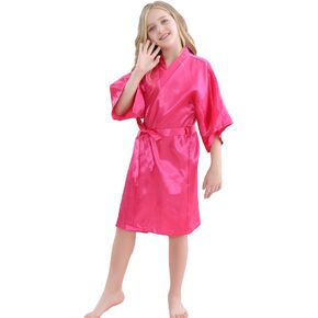 MORFORU Girls Kids Solid Color Silky Satin Kimono Robe for Wedding Spa Party, Short