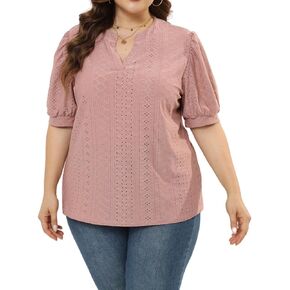 Womens Plus Size T-Shirts V-Neck Puff Short Sleeve Tops Casual Summer Eyelet Tunic Top Cute Hollow Out Blouses