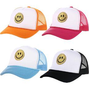 Preppy Hat Smile Hat Stylish Smile Face Sequins Printing Trucker Hat Adjustable Neon High Crown Foam Mesh Back Trucker Hat in Kuwait