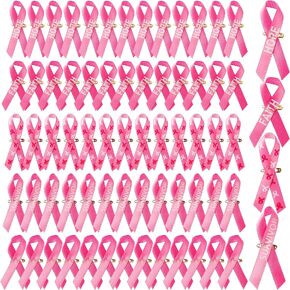 150Pcs Pink Ribbon Pins for Breast Cancer Awareness Wired Fabric Ribbon with Inspirational Language with Safety Pins Lapel Pins Satin Ribbon for Charity Against Breast Cancer Event Decoration in Kuwait