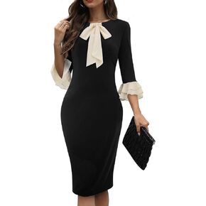 فستان HOMEYEE نسائي بربطة عنق مرقع وأكمام واسعة للعمل B800 in Kuwait