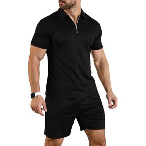 YTD Mens Short Sleeve Casual Polo Shirt and Shorts Sets Two Piece Summer Outfits Zip Polo Tracksuit Set for Men S-XXL
