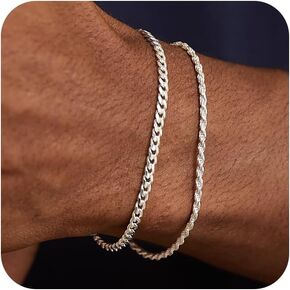 Poaiiu Silver/Gold Layered Chain Bracelets Sets for Men Women Sterling Silver Rope Figaro Cuban Link Chain Bracelets Set Men Jewelry Gifts for Dad Boyfriend Husband