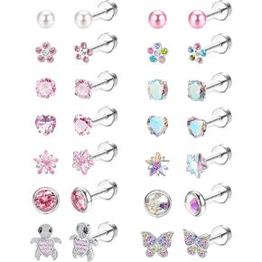 LOYALLOOK 14Pairs Hypoallergenic Screwback Earrings for Women Tiny CZ Pearl Ball Heart Flower Screw Back Earring Studs 316L Stainless Steel Stud Earrings Flatback Multicolored 20G