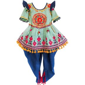 HALEMONS Parrot Green Cotton Embroidered Girls Kedia Dhoti Set for Kids 6-8 Year in Saudi Arabia