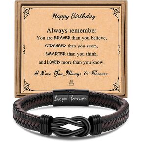 8th-60th 𝗕𝗶𝗿𝘁𝗵𝗱𝗮𝘆 𝗚𝗶𝗳𝘁𝘀 𝗳𝗼𝗿 𝗠𝗲𝗻 Infinity Bracelet, Men Gifts for Birthday, Brown Braided Leather Forever Linked Together Stainless Steel Knot Engraved with Love You Forever 7.5/8.5/9 Inches
