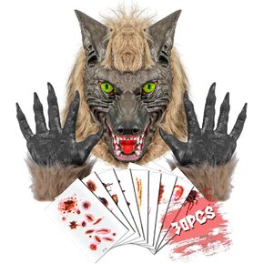 قناع ذئب الهالوين وقفازات مخالب من EPN مع ملصقات وشم مؤقت للندبات باللون البني الداكن in Kuwait