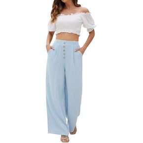 SVALIY Women Flowy Pants Cotton Linen Wide Leg Palazzo Pants Long Lounge Slacks High Waist Button Trousers Pocket