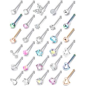 Jstyle Hypoallergenic Nose Rings 30Pcs 18G 20G Surgical Stainless Steel Nose Ring Studs Heart Opal CZ Straight L Shaped Screw Nose Rings Labret Nose Piercing Jewelry for Women Men