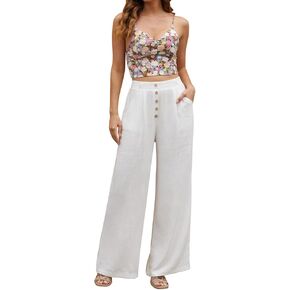 SVALIY Women Flowy Pants Cotton Linen Wide Leg Palazzo Pants Long Lounge Slacks High Waist Button Trousers Pocket