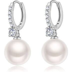 RITACH Pearl Earrings for Women 925 Sterling Silver White Gold Dangle Drop Earrings 5A Cubic Zirconia Pearl Drop Earrings Large Size 12mm