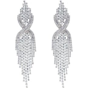 CHRAN Silver Teardrop Crystal Long Tassels Dangle Earrings Sparkling Rhinestone Ladies Gifts in Kuwait