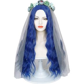 شعر مستعار العروس الأزرق لزي الجثة، شعر مستعار طويل مموج مع حجاب العروس وتاج الزهرة + قبعة شعر مستعار لحفلات الهالوين in Kuwait