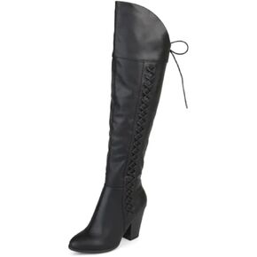 Brinley Co. حذاء نسائي من الجلد الصناعي برباط فوق الركبة باللون الأسود، مقاس 7.5 سم عند الساق in Kuwait