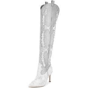 LOCERICH أحذية حجر الراين للنساء، أحذية لامعة فوق الركبة، أحذية مدببة من الأمام، كعب مكتنز، 8 سم، سحاب جانبي، أحذية عالية الفخذ للنساء، الحفلات والحفلات الموسيقية in Kuwait