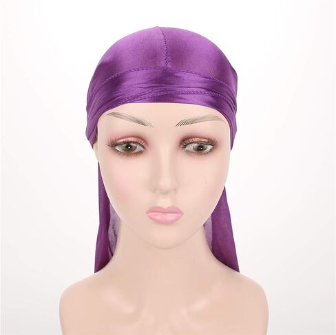 Fxhixiy الرجال النساء Durag أغطية الرأس طويلة الذيل حريري الساتان قبعة القراصنة قبعة باندانا ل 360 موجة (أسود) in Kuwait
