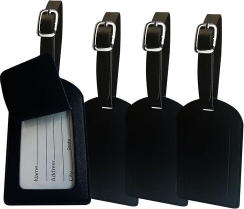 4 قطع جلد الأمتعة العلامات السفر حقيبة التسميات مع اسم بطاقة الهوية مثالية لبقعة بسرعة الأمتعة حقيبة يد حقيبة مدرسية حقيبة الصك علامة التسمية حماية الخصوصية الأسود in Kuwait