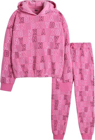 طقم بدلة رياضية للفتيات من DKNY - قطعتان من سويت شيرت صوف بقلنسوة وبنطلون رياضي (12M-16) in Kuwait