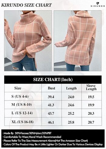 KIRUNDO Women's 2023 Fall Winter Turtleneck Knit Sweater Long Sleeve Pullover Plaid Side Split Checked Outwear Loose Tops in Saudi Arabia