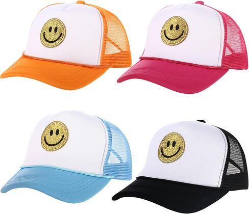 Preppy Hat Smile Hat Stylish Smile Face Sequins Printing Trucker Hat Adjustable Neon High Crown Foam Mesh Back Trucker Hat in Saudi Arabia