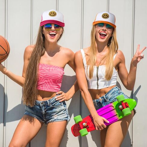 Preppy Hat Smile Hat Stylish Smile Face Sequins Printing Trucker Hat Adjustable Neon High Crown Foam Mesh Back Trucker Hat in Saudi Arabia