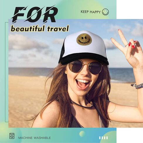 Preppy Hat Smile Hat Stylish Smile Face Sequins Printing Trucker Hat Adjustable Neon High Crown Foam Mesh Back Trucker Hat in Saudi Arabia