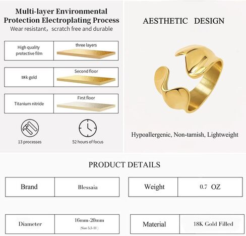 BLESSAIA Geometric open Rings - 18k Gold plated Adjustable Ring Vintage Irregular Gold Silver Geometric ring for Women and girls (GOLD-1) in Kuwait