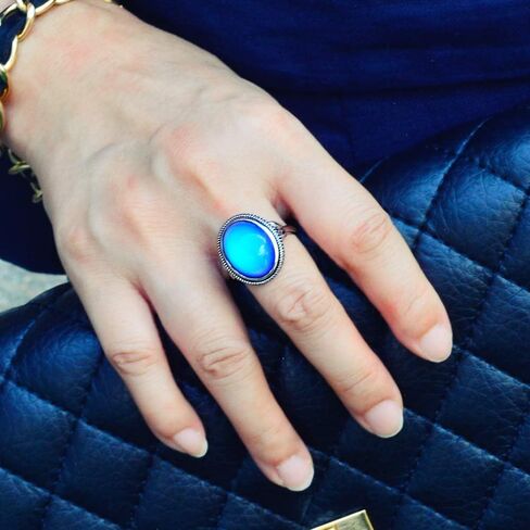 FUN JEWELS خاتم مزاج متغير اللون حجر بيضاوي عتيق الطراز مطلي بالفضة مقاس قابل للتعديل هدية للنساء والفتيات in Kuwait