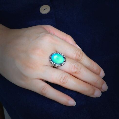 FUN JEWELS خاتم مزاج متغير اللون حجر بيضاوي عتيق الطراز مطلي بالفضة مقاس قابل للتعديل هدية للنساء والفتيات in Kuwait