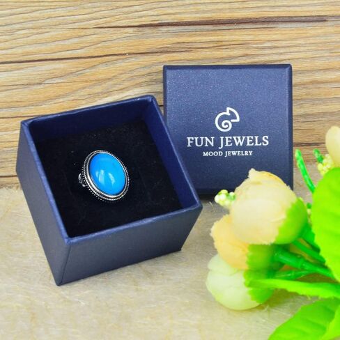 FUN JEWELS خاتم مزاج متغير اللون حجر بيضاوي عتيق الطراز مطلي بالفضة مقاس قابل للتعديل هدية للنساء والفتيات in Kuwait