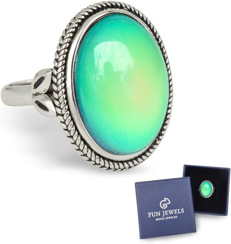 FUN JEWELS خاتم مزاج متغير اللون حجر بيضاوي عتيق الطراز مطلي بالفضة مقاس قابل للتعديل هدية للنساء والفتيات in Kuwait