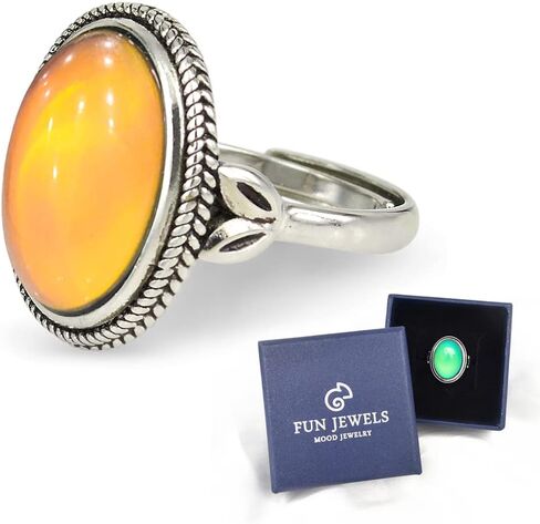 FUN JEWELS خاتم مزاج متغير اللون حجر بيضاوي عتيق الطراز مطلي بالفضة مقاس قابل للتعديل هدية للنساء والفتيات in Kuwait