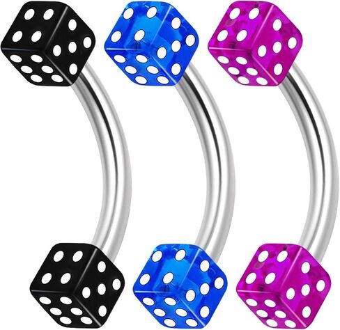 3PCS Surgical Steel Curved Barbell Bar 16 gauge 5/16 8mm 3mm Dice Eyebrow Snake Bite Earrings Cartilage Piercing Jewelry 1679 in Kuwait