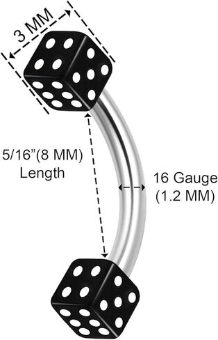 3PCS Surgical Steel Curved Barbell Bar 16 gauge 5/16 8mm 3mm Dice Eyebrow Snake Bite Earrings Cartilage Piercing Jewelry 1679 in Kuwait