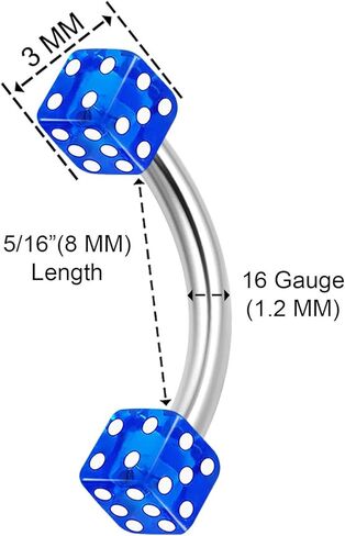 3PCS Surgical Steel Curved Barbell Bar 16 gauge 5/16 8mm 3mm Dice Eyebrow Snake Bite Earrings Cartilage Piercing Jewelry 1679 in Kuwait