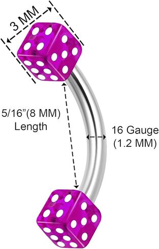 3PCS Surgical Steel Curved Barbell Bar 16 gauge 5/16 8mm 3mm Dice Eyebrow Snake Bite Earrings Cartilage Piercing Jewelry 1679 in Kuwait