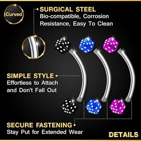 3PCS Surgical Steel Curved Barbell Bar 16 gauge 5/16 8mm 3mm Dice Eyebrow Snake Bite Earrings Cartilage Piercing Jewelry 1679 in Kuwait