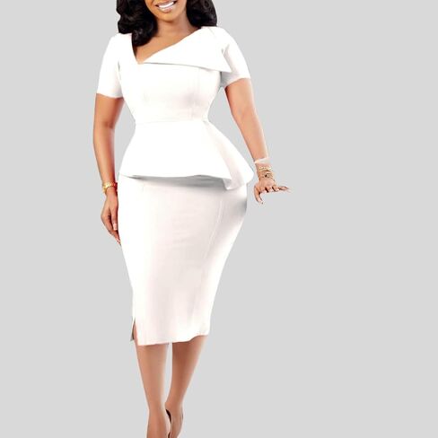 فستان نسائي أنيق من Cololura بتصميم بيبلوم للعمل والمكتب والسهرات الرسمية فساتين الكنيسة بالقلم الرصاص in Kuwait