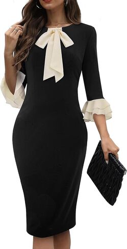 فستان HOMEYEE نسائي بربطة عنق مرقع وأكمام واسعة للعمل B800 in Kuwait