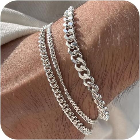 Poaiiu Silver/Gold Layered Chain Bracelets Sets for Men Women Sterling Silver Rope Figaro Cuban Link Chain Bracelets Set Men Jewelry Gifts for Dad Boyfriend Husband in Kuwait