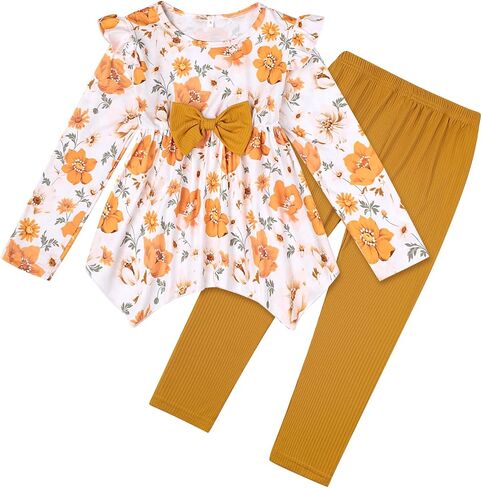 Yoxindax Toddler Kid Girl Clothes Ruffle Sleeve High Low Top Floral Allover Pants Fall Winter Outfit Set in Kuwait